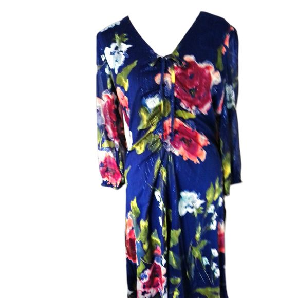 Julia Jordan Lined Navy Multi Midi Dress with 3/4 Sleeves Metallic Thread 2 NWT - Picture 1 of 8